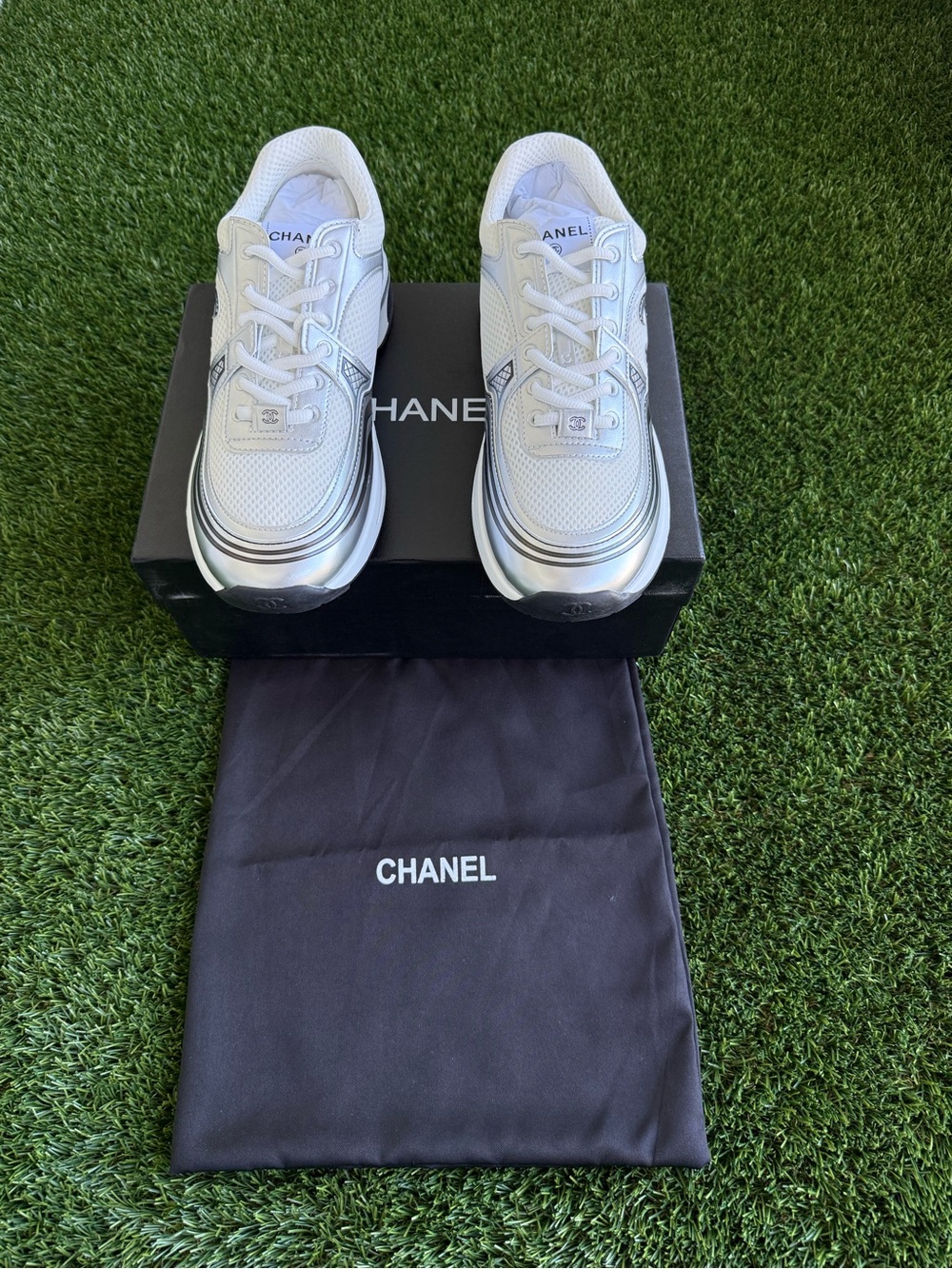 CHANEL White & Silver Mesh Runner Sneakers for Men